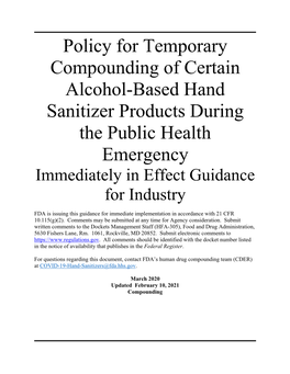 Temporary Compounding of Certain Alcohol-Based Hand Sanitizer Products During the Public Health Emergency Immediately in Effect Guidance for Industry