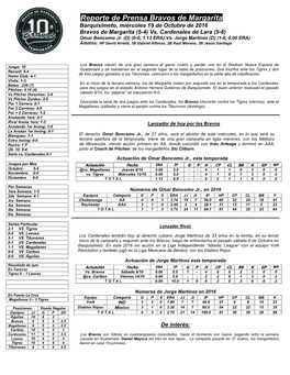 Reporte De Prensa Bravos De Margarita Barquisimeto, Miércoles 19 De Octubre De 2016 Bravos De Margarita (5-4) Vs