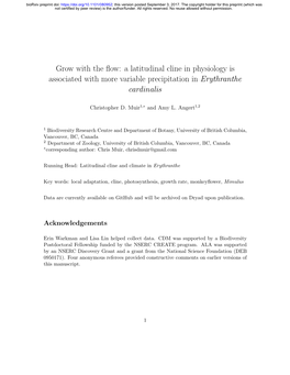 A Latitudinal Cline in Physiology Is Associated with More Variable Precipitation in Erythranthe Cardinalis