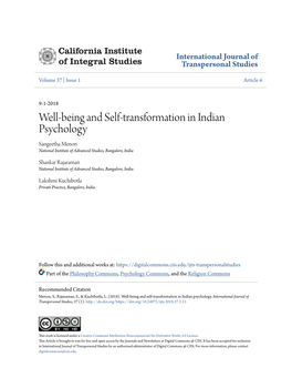 Well-Being and Self-Transformation in Indian Psychology Sangeetha Menon National Institute of Advanced Studies, Bangalore, India