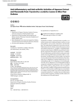 Anti-Inflammatory and Anti-Arthritic Activities of Aqueous Extract and Flavonoids from Tripodanthus Acutifolius Leaves in Mice Paw Oedema