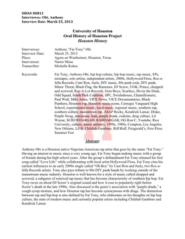 University of Houston Oral History of Houston Project Houston History