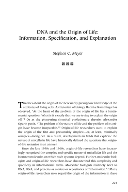 DNA and the Origin of Life: Information, Speciﬁcation, and Explanation