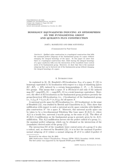 Homology Equivalences Inducing an Epimorphism on the Fundamental Group and Quillen’S Plus Construction