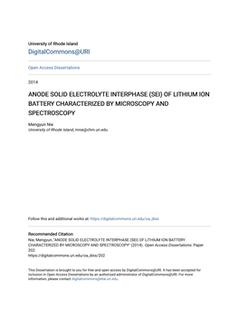 Anode Solid Electrolyte Interphase (Sei) of Lithium Ion Battery Characterized by Microscopy and Spectroscopy