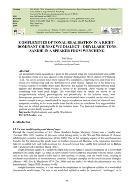 Complexities of Tonal Realisation in a Right- Dominant Chinese Wu Dialect – Disyllabic Tone Sandhi in a Speaker from Wencheng
