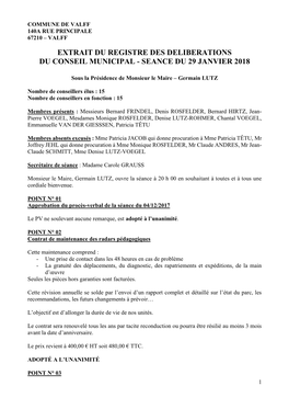 Extrait Du Registre Des Deliberations Du Conseil Municipal - Seance Du 29 Janvier 2018