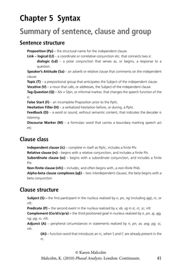 Chapter 5 Syntax Summary of Sentence, Clause and Group Sentence Structure