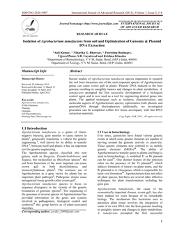 Isolation of Agrobacterium Tumefaciens from Soil and Optimization of Genomic & Plasmid DNA Extraction