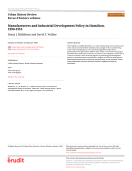 Manufacturers and Industrial Development Policy in Hamilton, 1890-1910 Diana J