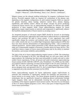 Superconducting Magnets Research for a Viable US Fusion Program Joseph V