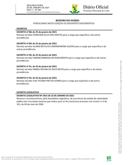 Diário Oficial 1 ANO V – Nº 580 Prefeitura Municipal De Caém Municipiodigital.Com.Br/Prefeitura/Ba/Caem