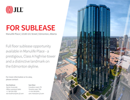 FOR SUBLEASE Manulife Place | 10180 101 Street | Edmonton, Alberta