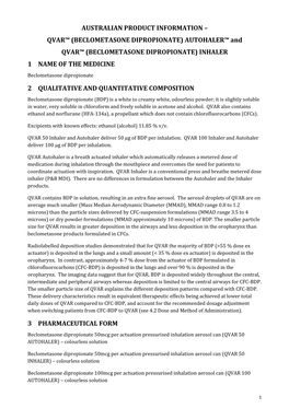 QVAR™ (BECLOMETASONE DIPROPIONATE) AUTOHALER™ and QVAR™ (BECLOMETASONE DIPROPIONATE) INHALER 1 NAME of the MEDICINE Beclometasone Dipropionate