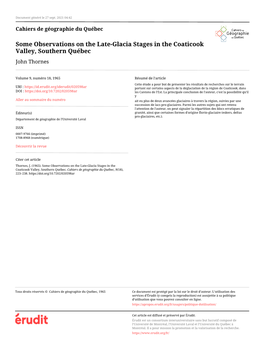 Some Observations on the Late-Glacia Stages in the Coaticook Valley, Southern Québec John Thornes