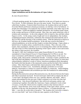 Identifying Cajun Identity: Cajun Assimilation and the Revitalization of Cajun Culture by Julie Elizabeth Hebert a French Speak