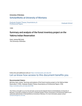 Summary and Analysis of the Forest Inventory Project on the Yakima Indian Reservation