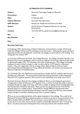 University Technology College for Plymouth Committee: Cabinet Date