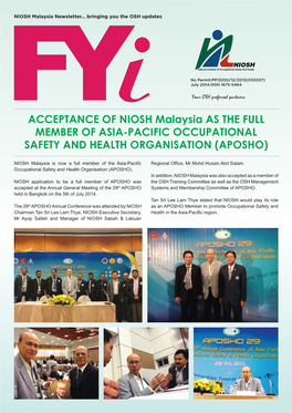 ACCEPTANCE of NIOSH Malaysia AS the FULL MEMBER of ASIA-PACIFIC OCCUPATIONAL SAFETY and HEALTH ORGANISATION (APOSHO)