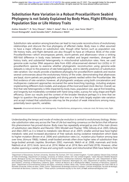 Substitution Rate Variation in a Robust Procellariiform Seabird Phylogeny Is Not Solely Explained by Body Mass, Flight Efficienc