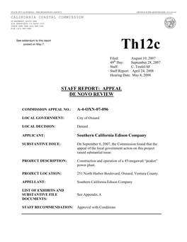 California Coastal Commision Staff Report and Recommendati N Regarding Appeal No. A-4-OXN-07-096 (Southern California Edison, Ox