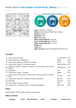 Kanye West Cruel Summer (Good Music Album) Mp3, Flac, Wma