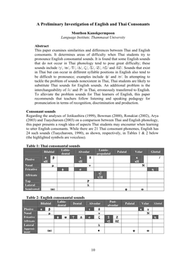 A Preliminary Investigation of English and Thai Consonants