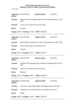 Daventry District Council Weekly List of Applications Registered 14/11/2011