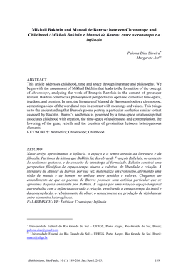 Mikhail Bakhtin and Manoel De Barros: Between Chronotope and Childhood / Mikhail Bakhtin E Manoel De Barros: Entre O Cronotopo E a Infância