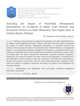 Assessing the Impact of Watershed Management Interventions on Livelihood of Small- Scale Farmers and Ecosystem Services in Choke