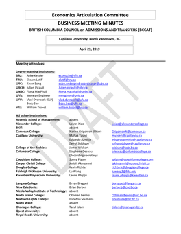 Economics Articulation Committee BUSINESS MEETING MINUTES BRITISH COLUMBIA COUNCIL on ADMISSIONS and TRANSFERS (BCCAT)