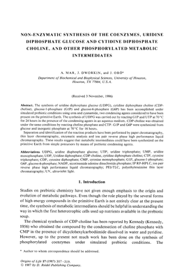 Non-Enzymatic Synthesis of the Coenzymes, Uridine Diphosphate