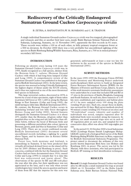 Rediscovery of the Critically Endangered Sumatran Ground Cuckoo Carpococcyx Viridis