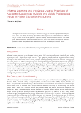 Informal Learning and the Social Justice Practices of Academic Leaders As Invisible and Visible Pedagogical Inputs in Higher Education Institutions