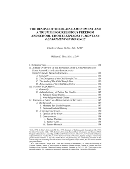 The Demise of the Blaine Amendment and a Triumph for Religious Freedom and School Choice: Espinoza V