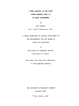 A Tonal Analysis of the First String Quartet, Opus 37, by Karol Szymanowski