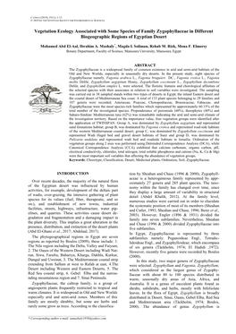 Vegetation Ecology Associated with Some Species of Family Zygophyllaceae in Different Biogeographic Regions of Egyptian Desert