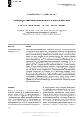 Epidemiological Risks of Endoparasitoses Spread by Municipal Waste Water