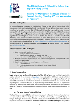 Briefing for Members of the House of Lords for Second Reading (Tuesday 30Th and Wednesday 31St January)