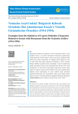 Venizelos Arşivi'ndeki* Belgelerle Kıbrıslı Ortodoks Din Adamlarının Enosis'e Yönelik Girişimlerine Örnekler