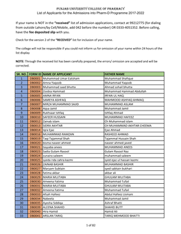 List of Admission Applications, Contact at 99212775 (For Dialing from Outside Lahore/By Cell/Mobile, Add 042 Before the Number) OR 0333-4051352
