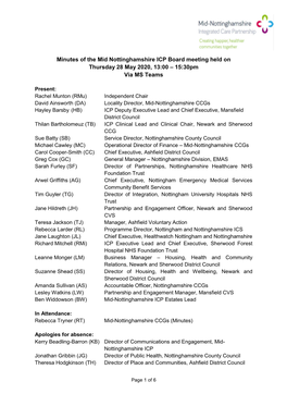 Minutes of the Mid Nottinghamshire ICP Board Meeting Held on Thursday 28 May 2020, 13:00 – 15:30Pm Via MS Teams