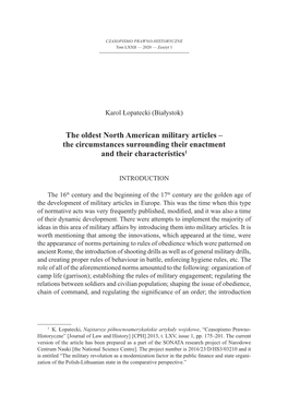 The Oldest North American Military Articles – the Circumstances Surrounding Their Enactment and Their Characteristics1