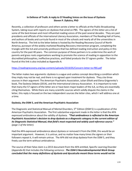 A Reply to 57 Reading Voices on the Issue of Dyslexia Steven P. Dykstra, Phd