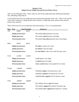 1 Regular Verbs Simple Present, Simple Past and Present Perfect