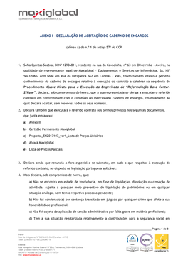 Declaração De Aceitação Do Caderno De Encargos