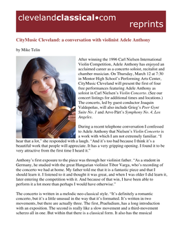 Citymusic Cleveland: a Conversation with Violinist Adele Anthony by Mike Telin