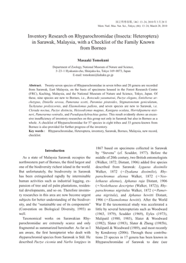 Inventory Research on Rhyparochromidae (Insecta: Heteroptera) in Sarawak, Malaysia, with a Checklist of the Family Known from Borneo