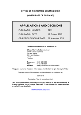 Applications and Decisions: North East of England: 19 October 2016
