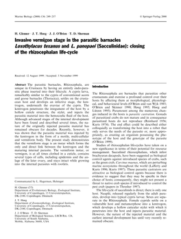 Invasive Vermigon Stage in the Parasitic Barnacles Loxothylacus Texanus and L. Panopaei (Sacculinidae): Closing of the Rhizocephalan Life-Cycle